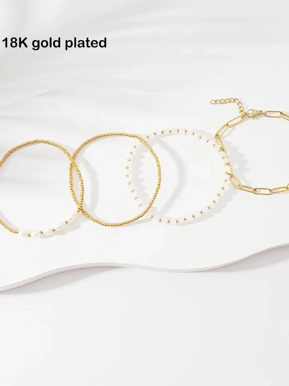 Dainty Gold Plated Pearl Crystal Beaded Bracelets Set for Women 14K Gold Plated - Picture 2 of 7